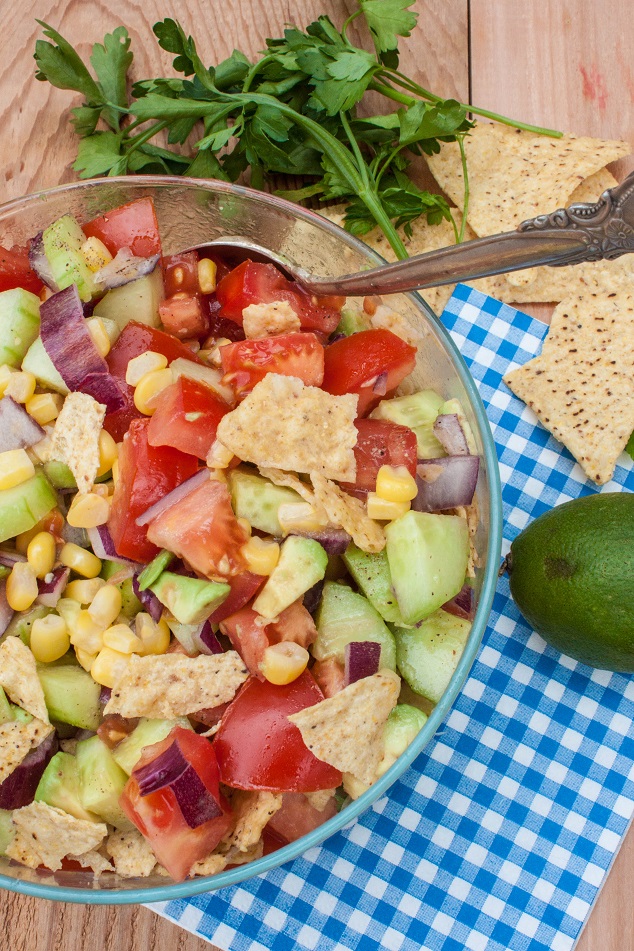Tomato, Corn, and Avocado Salad with Tortilla Chips